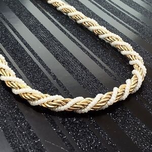 Gold Tone Twisted Rope and White Seed Bead Vintage Necklace